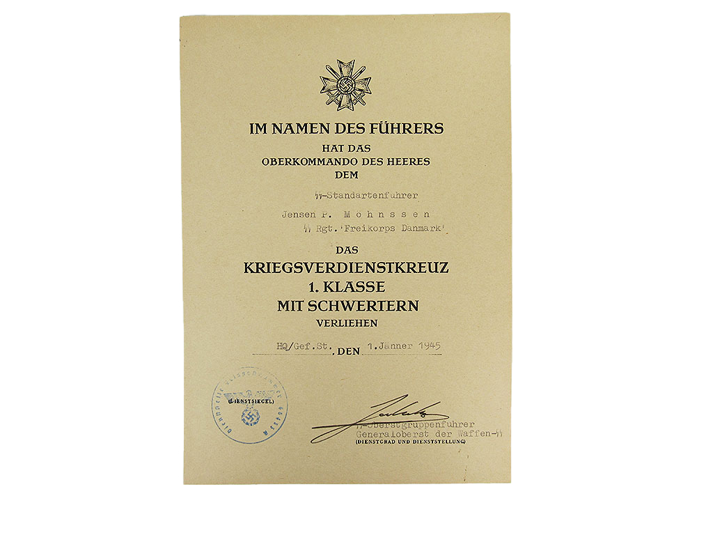 Waffen-SS Danmark 一級剣付戦功十字章　勲記